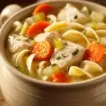 Close-up of a low calorie chicken noodle dish with bright lighting and clean background