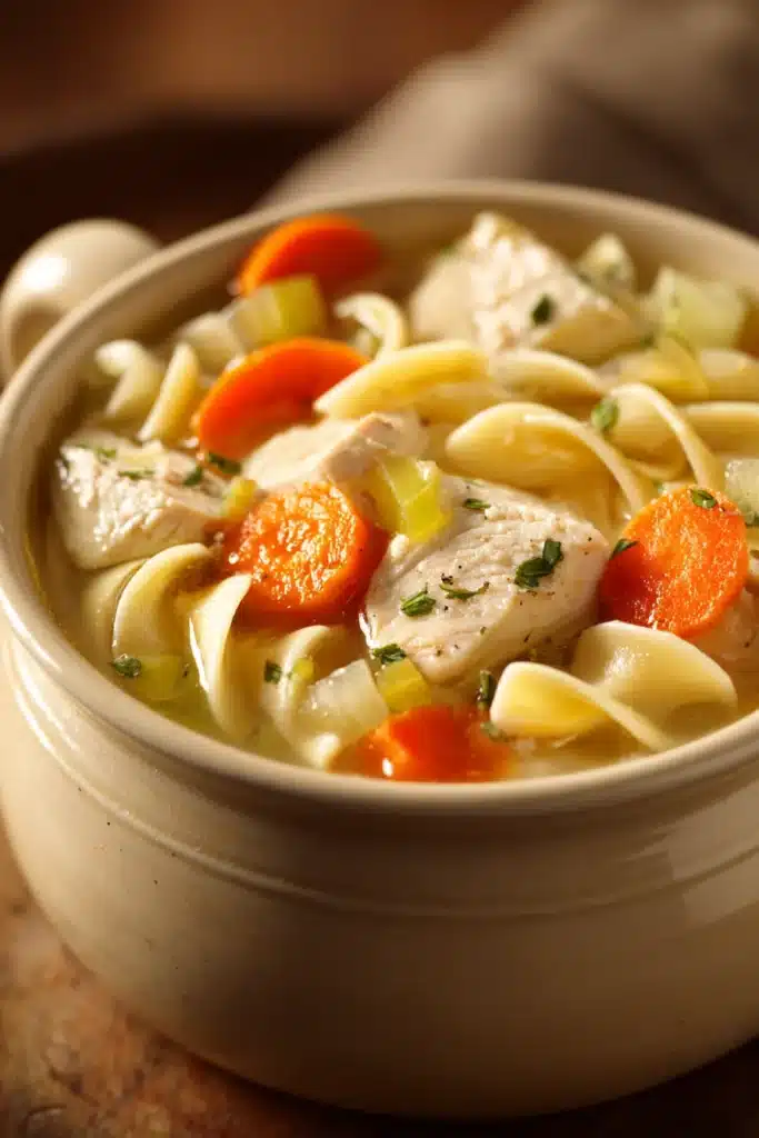 Close-up of a low calorie chicken noodle dish with bright lighting and clean background
