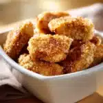 Close-up of golden brown low calorie chicken nuggets on a white plate
