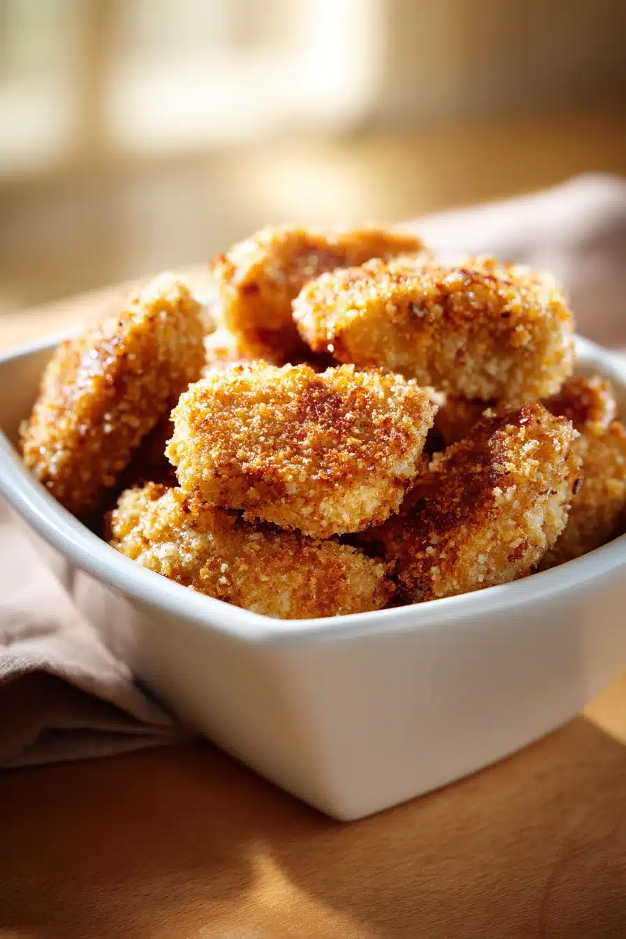Close-up of golden brown low calorie chicken nuggets on a white plate