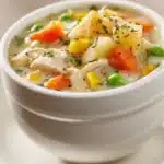 Close-up of a creamy chicken pot pie soup with visible chunks of chicken and vegetables in a warm, inviting bowl.