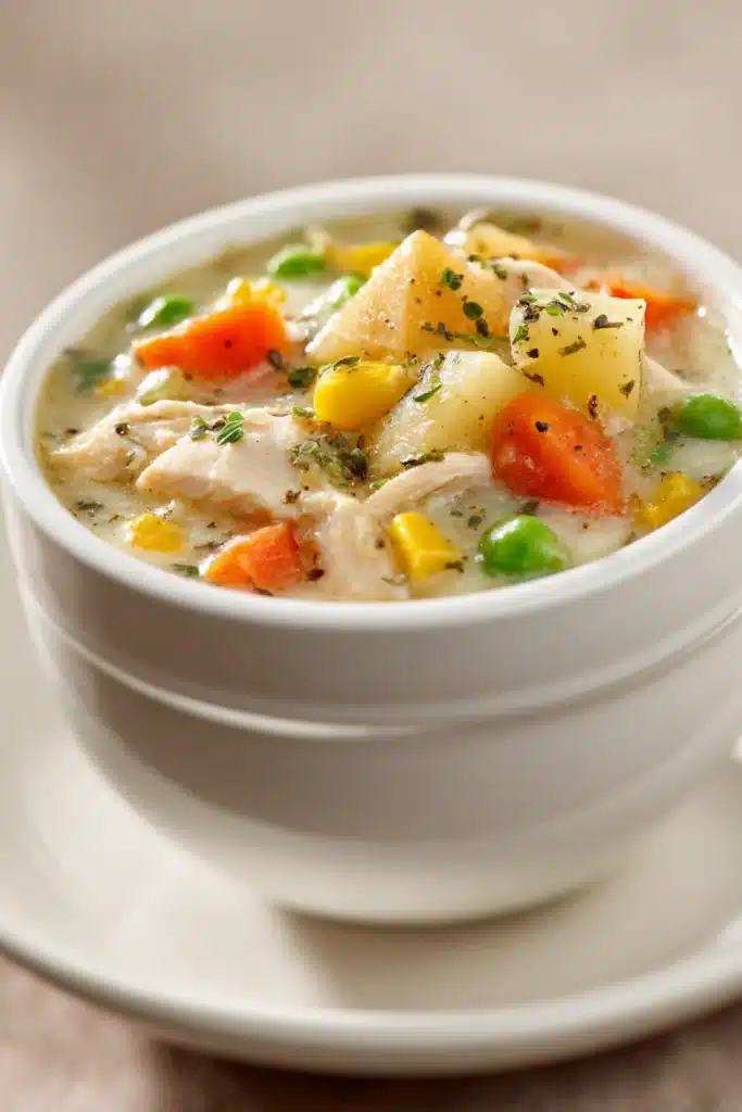 Close-up of a creamy chicken pot pie soup with visible chunks of chicken and vegetables in a warm, inviting bowl.