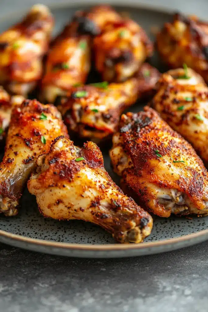 Close-up of low calorie chicken wings cooked in an air fryer with a golden crispy texture.