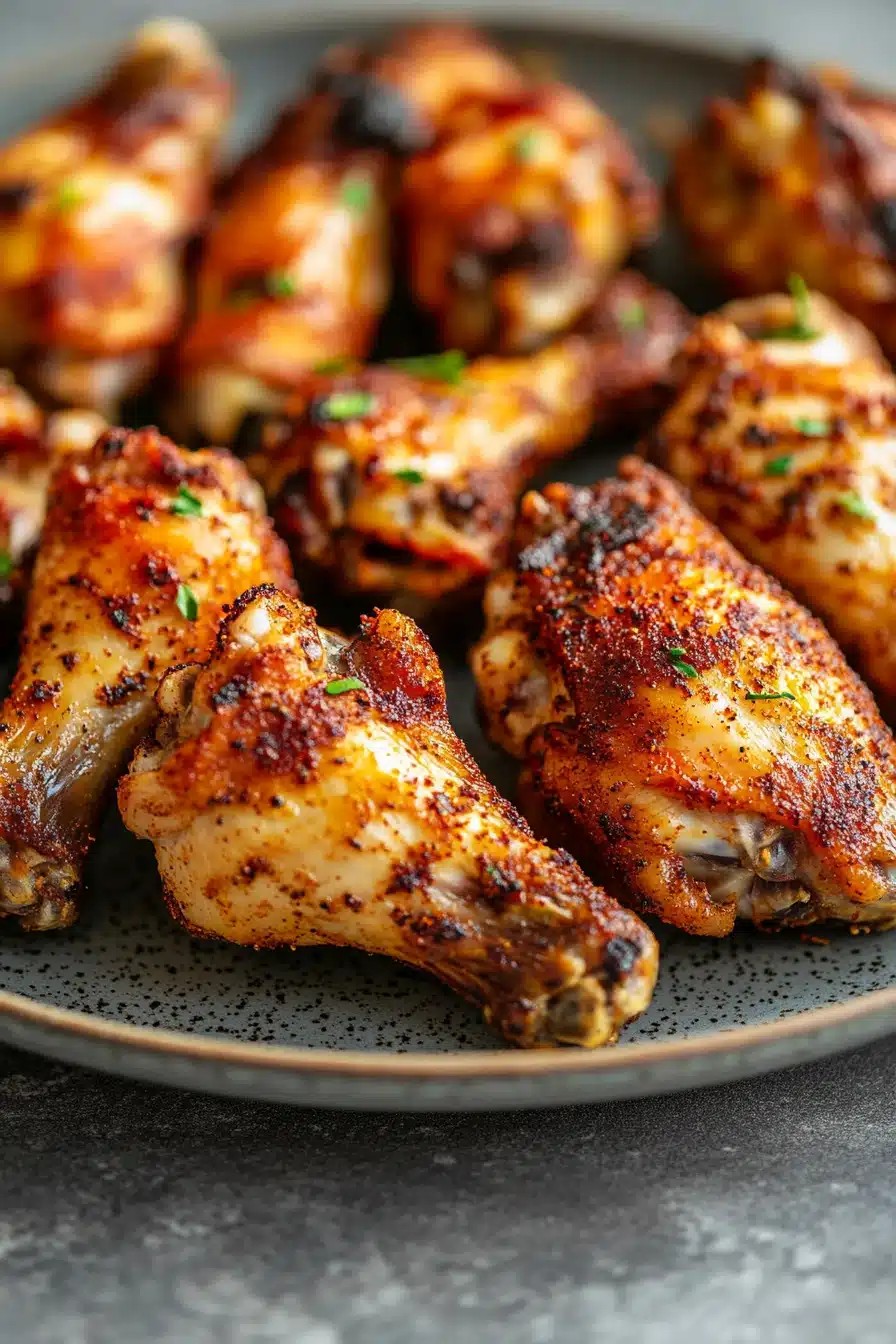 Close-up of low calorie chicken wings cooked in an air fryer with a golden crispy texture.