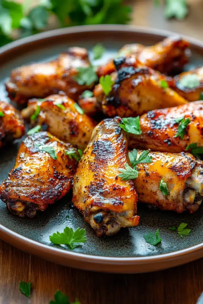 Close-up of crispy low calorie chicken wings cooked in an air fryer with a clean background.