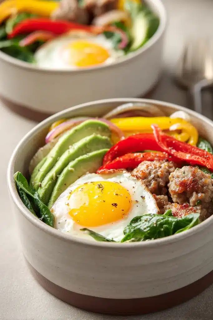 Close-up of a low carb breakfast prep with eggs and greens on a white plate