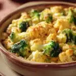 Close-up of a low carb cheesy tuna casserole with melted cheese and herbs