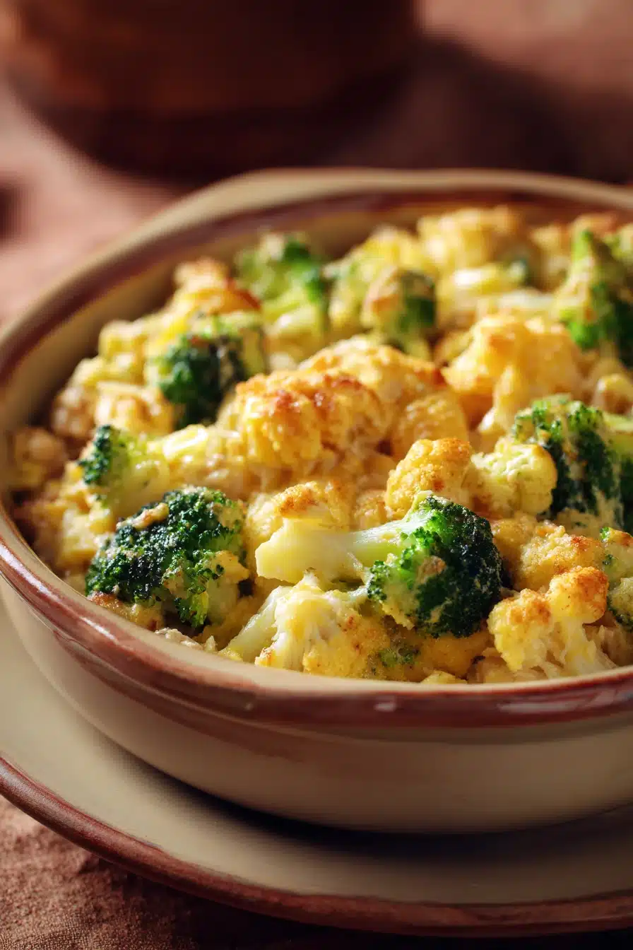 Close-up of a low carb cheesy tuna casserole with melted cheese and herbs