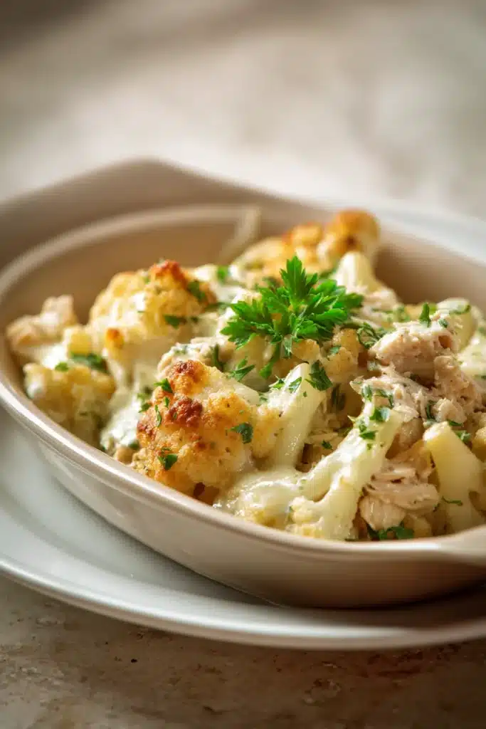 Close-up of a low carb cheesy tuna casserole with melted cheese and herbs
