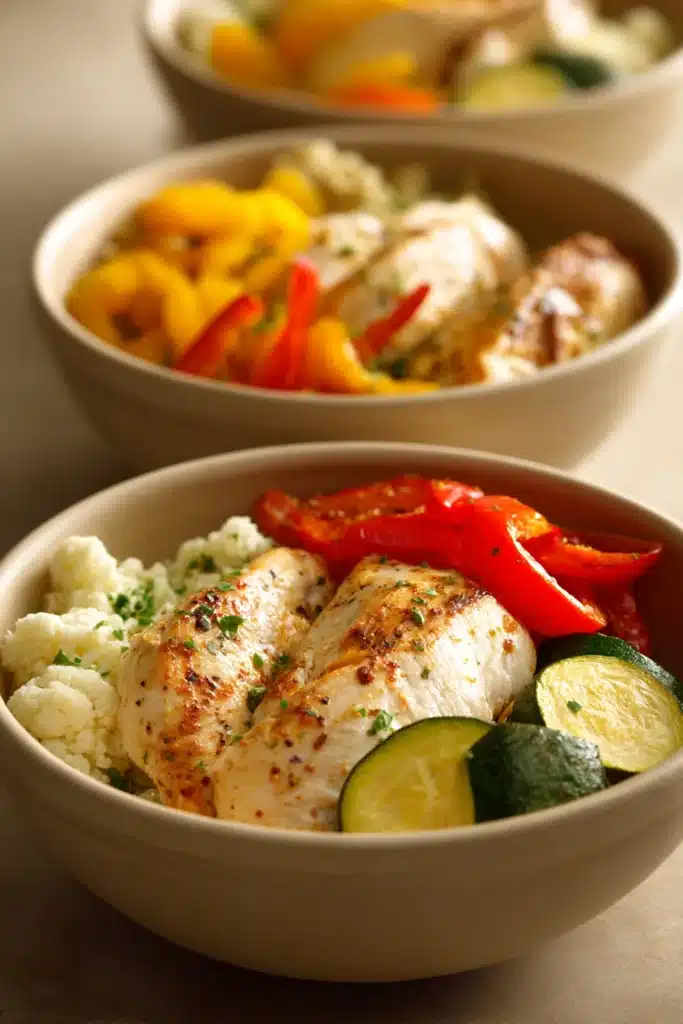 Delicious low carb dinner prep with vibrant vegetables and grilled chicken.