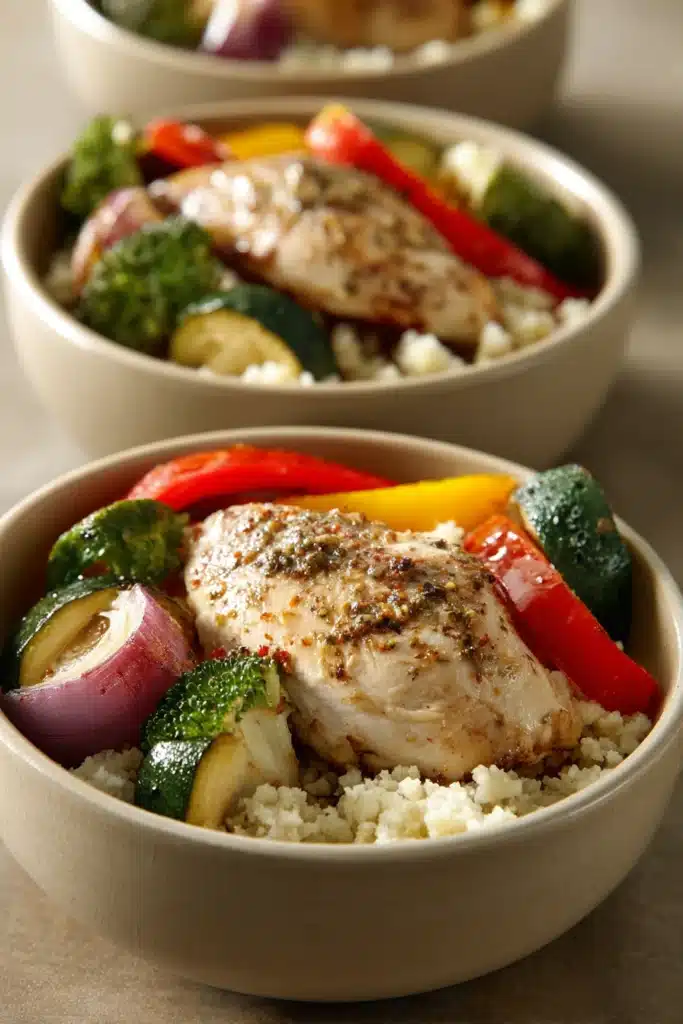 Close-up of a delicious low carb dinner prep with vibrant ingredients and clean presentation.