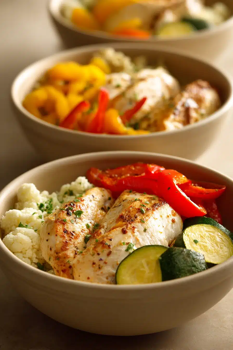 Delicious low carb dinner prep with vibrant vegetables and grilled chicken.