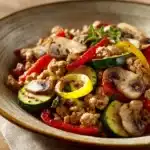 Close-up of a low carb dinner with ground turkey and vegetables, bright and appetizing.