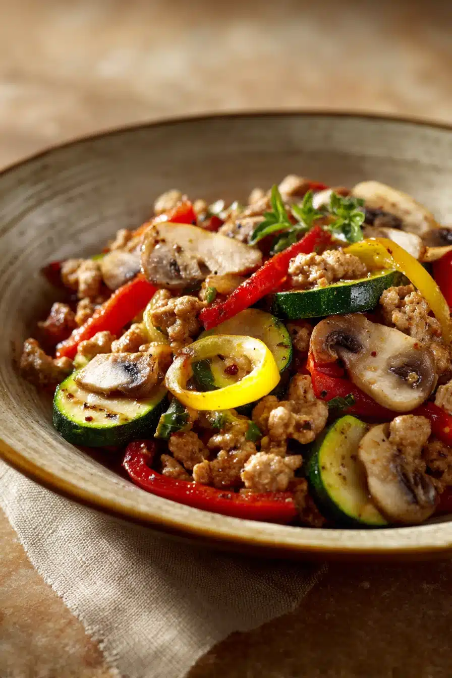 Close-up of a low carb dinner with ground turkey and vegetables, bright and appetizing.