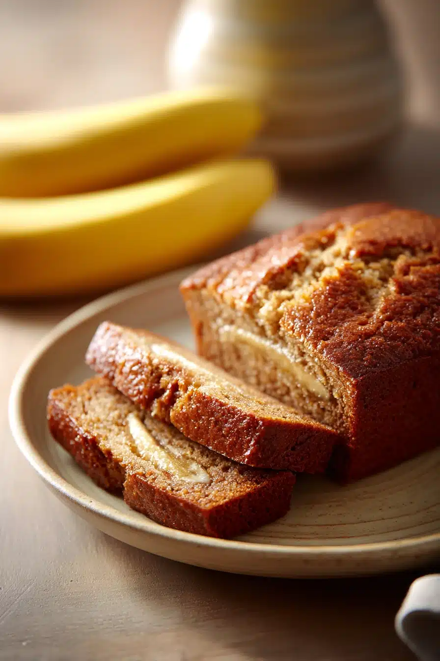 Close-up of a slice of maple banana bread on a white plate with a clean background.