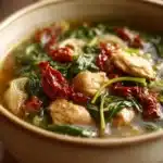 Close-up of creamy chicken soup with herbs in a bowl, Marry Me Chicken Soup