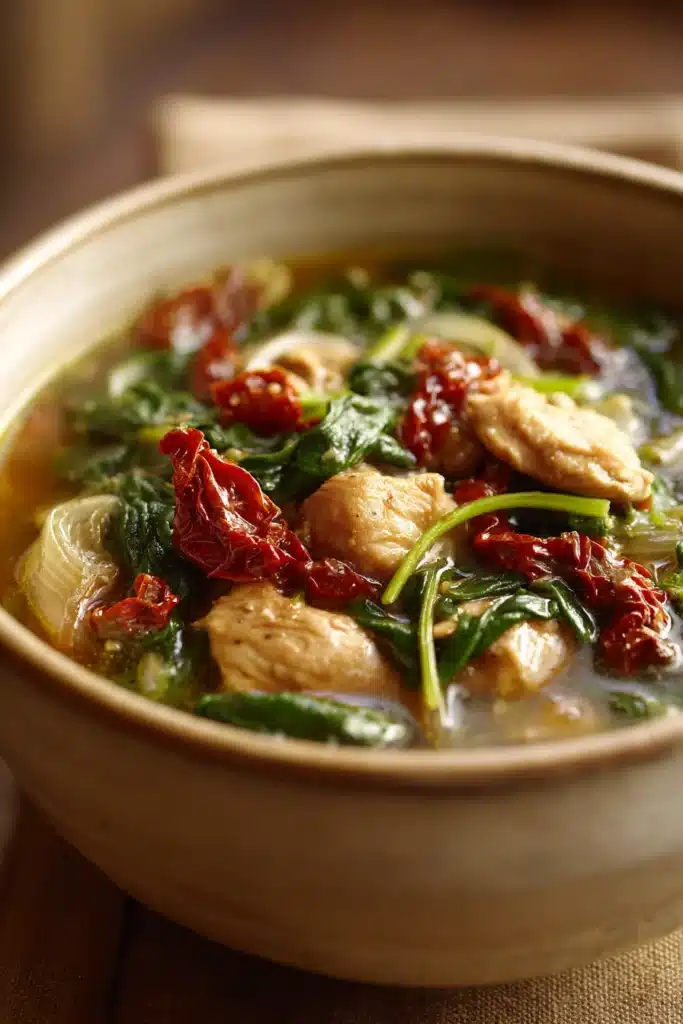 Close-up of creamy chicken soup with herbs in a bowl, Marry Me Chicken Soup