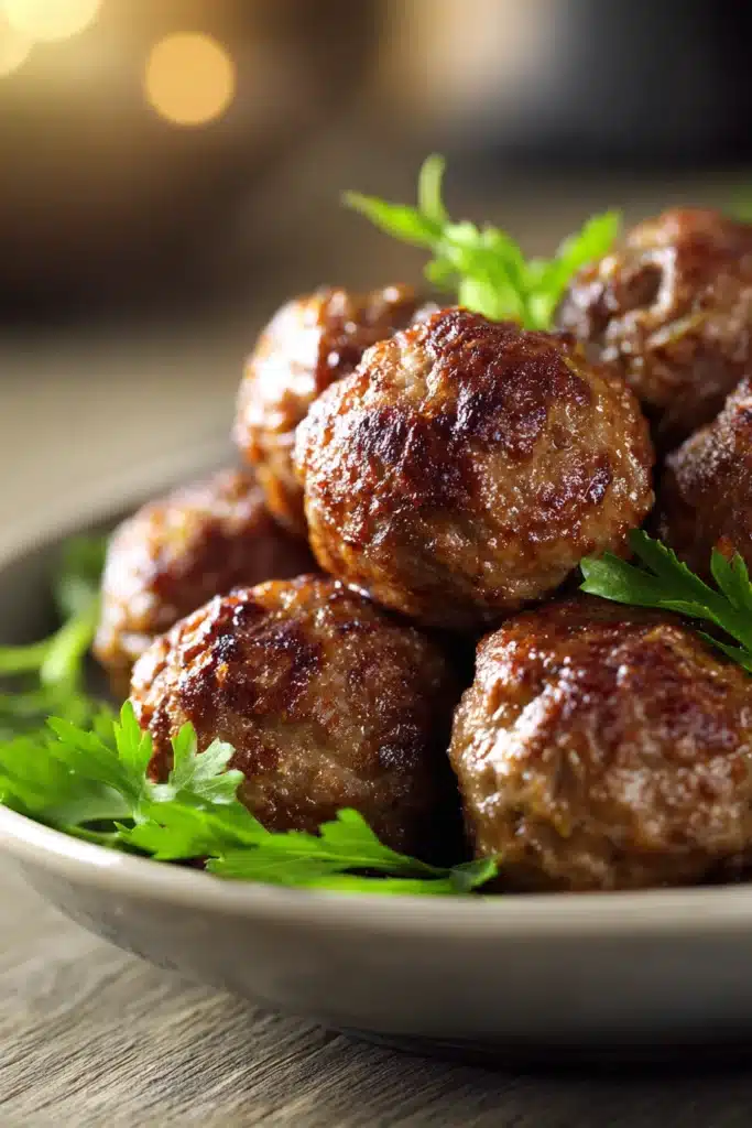 Close-up of Marry Me Meatballs in creamy sauce with herbs on a clean white plate.