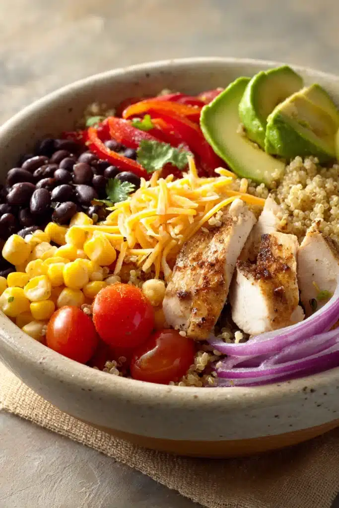 Close-up of a Mexican Chicken Quinoa Bowl with colorful ingredients and a clean background.