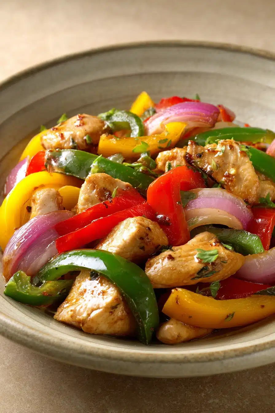 Close-up of Mexican chicken stir-fry with colorful vegetables in a bright setting.