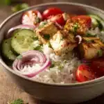 Close-up of a Middle Eastern Tofu Rice Bowl with vibrant vegetables and tofu