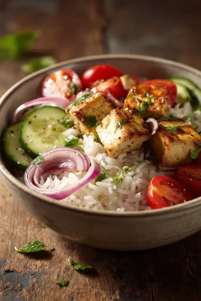 Close-up of a Middle Eastern Tofu Rice Bowl with vibrant vegetables and tofu