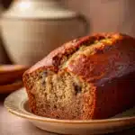 Close-up of a moist banana bread slice with visible texture and warmth.