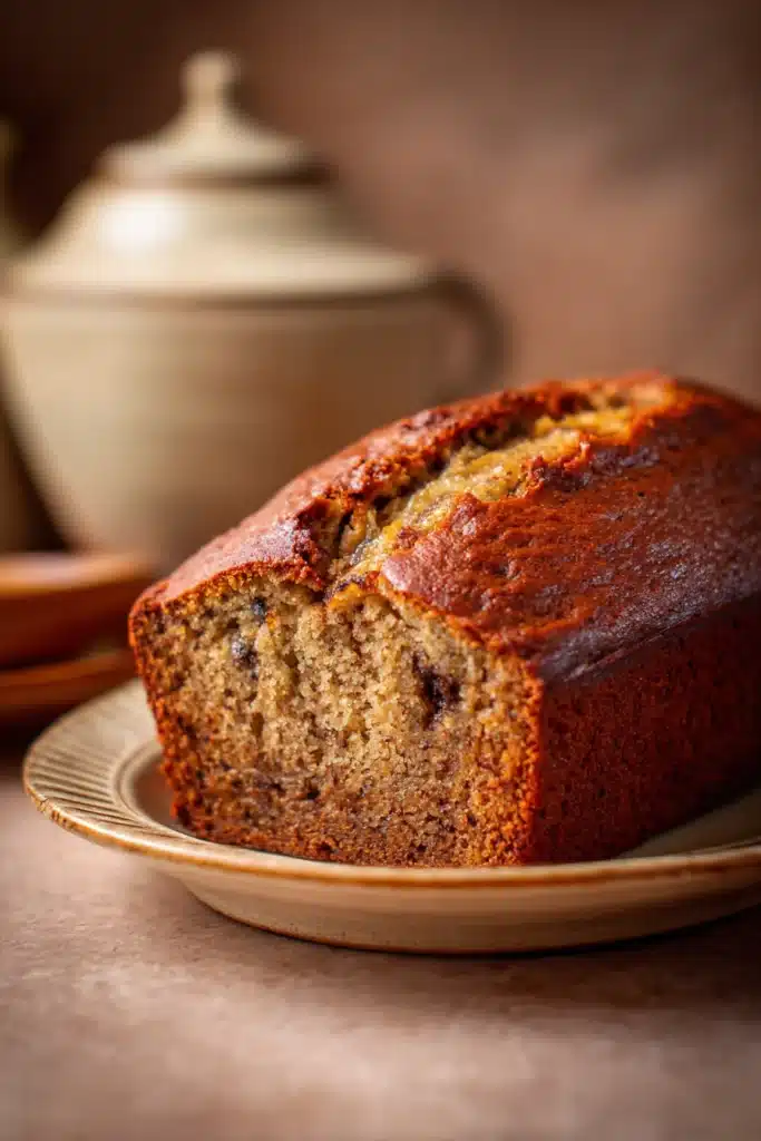 Close-up of a moist banana bread slice with visible texture and warmth.