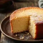 Close-up of a moist vanilla cake slice with creamy frosting on a white plate.