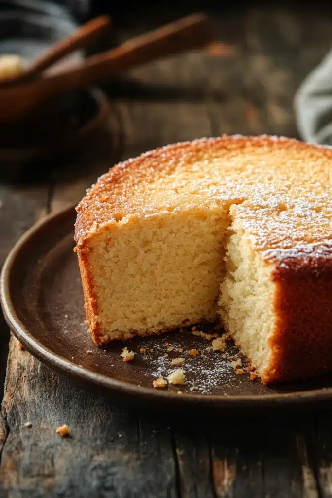 Close-up of a moist vanilla cake slice with creamy frosting on a white plate.