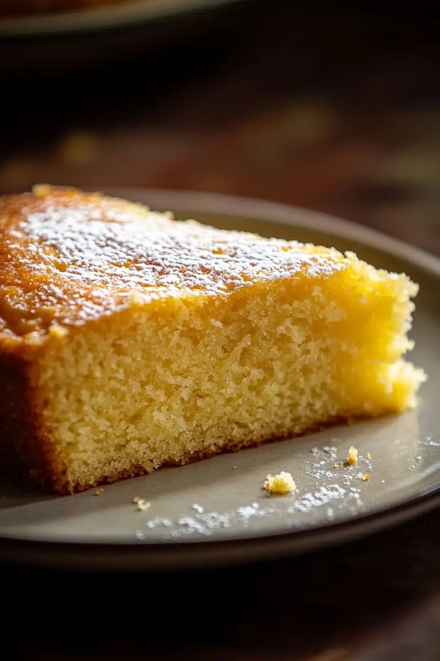 Close-up of a moist vanilla cake slice with creamy frosting on a white plate.
