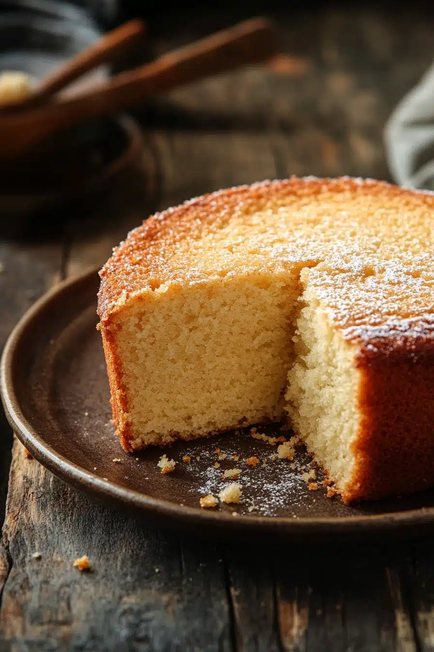 Close-up of a moist vanilla cake slice with creamy frosting on a white plate.