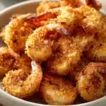 Close-up of golden-brown fried shrimp cooked in a Ninja air fryer on a clean white plate.