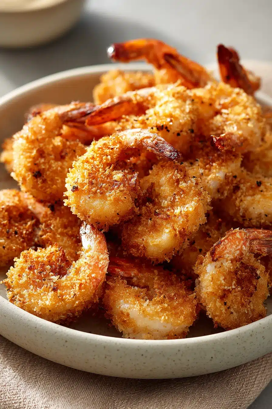 Close-up of golden-brown fried shrimp cooked in a Ninja air fryer on a clean white plate.