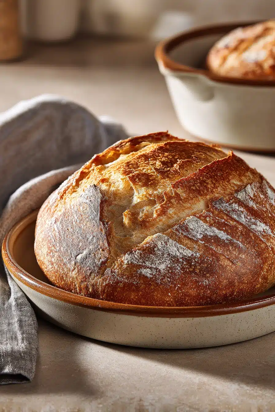 Close-up of a freshly baked no knead bread with a golden crust, no dutch oven needed