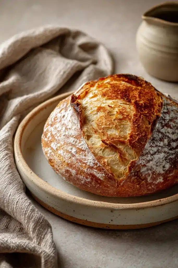 Close-up of freshly baked no knead bread with a golden crust, highlighting its texture and rise.