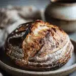 Close-up of a freshly baked no knead sourdough bread with a golden crust on a wooden board.