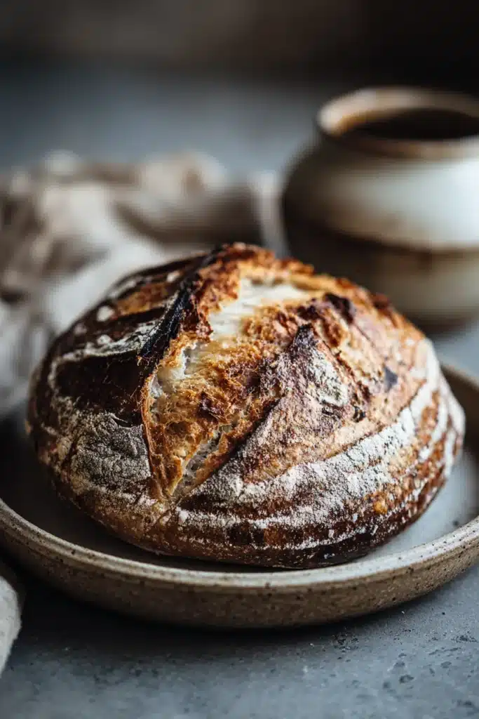 Close-up of a freshly baked no knead sourdough bread with a golden crust on a wooden board.