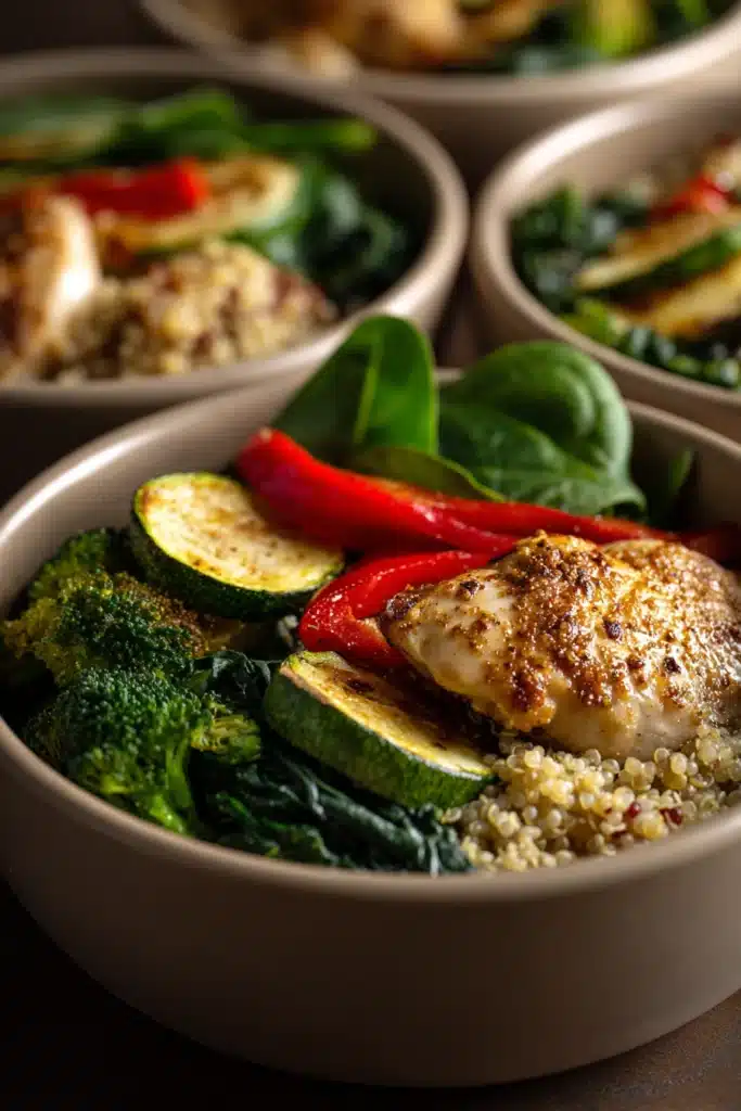 Close-up of a nutritious lunch meal prep with fresh vegetables and grains