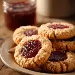 Close-up of oatmeal jam cookies with a golden-brown texture and vibrant jam center