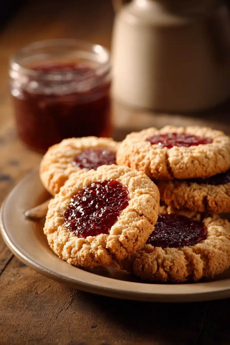 Close-up of oatmeal jam cookies with a golden-brown texture and vibrant jam center