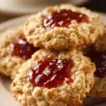 Close-up of oatmeal jam cookies with a golden crust and vibrant jam center on a white background.