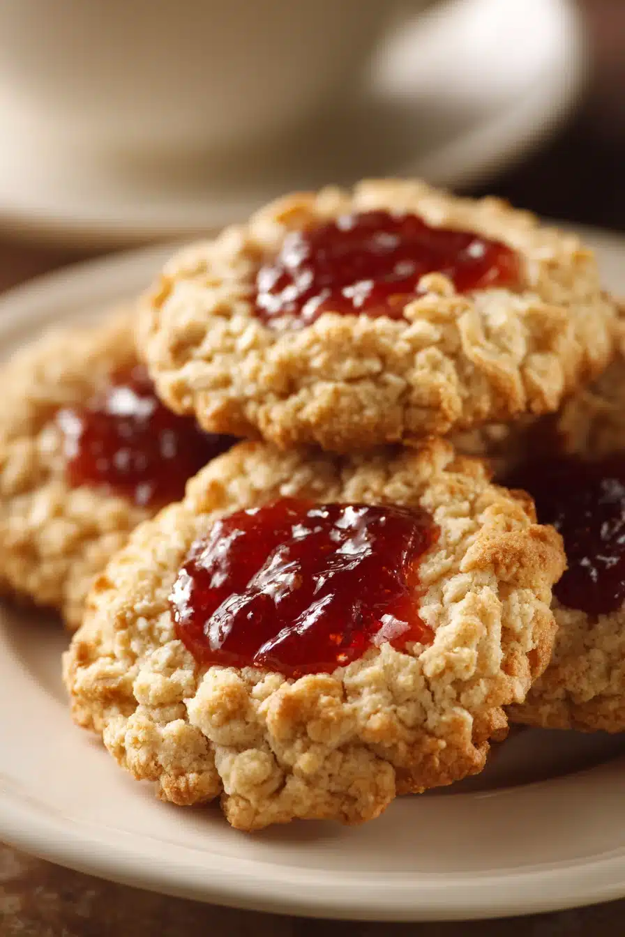Close-up of oatmeal jam cookies with a golden crust and vibrant jam center on a white background.