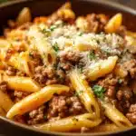 Close-up of a creamy one pot beef and butter pasta dish with a clean background.