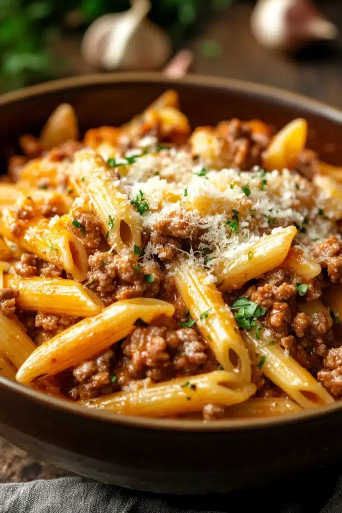 Close-up of a creamy one pot beef and butter pasta dish with a clean background.
