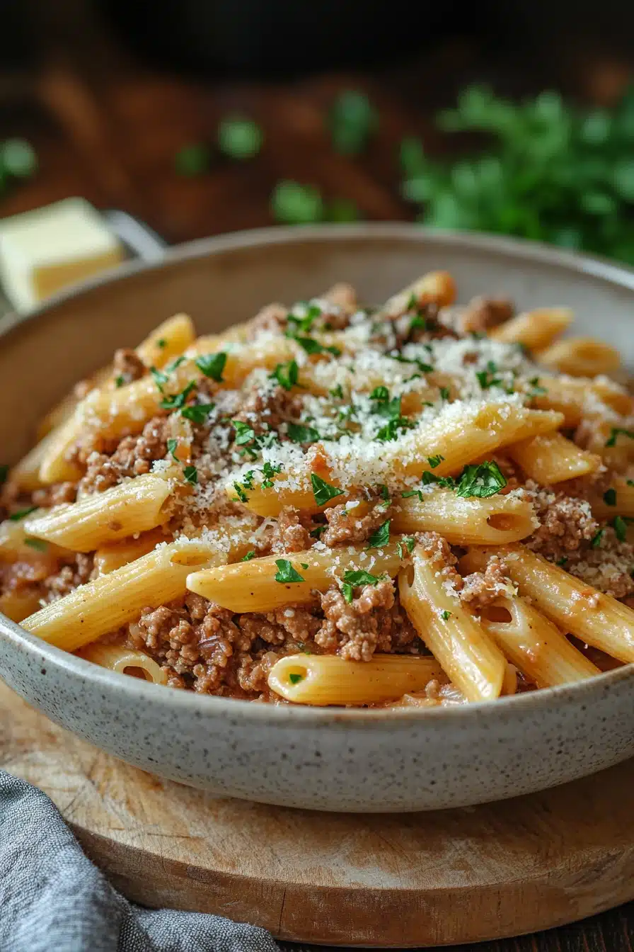 Close-up of creamy one pot beef and butter pasta with visible cheese and herbs.