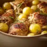 Close-up of a creamy one-pot buttermilk chicken and potatoes casserole with herbs.