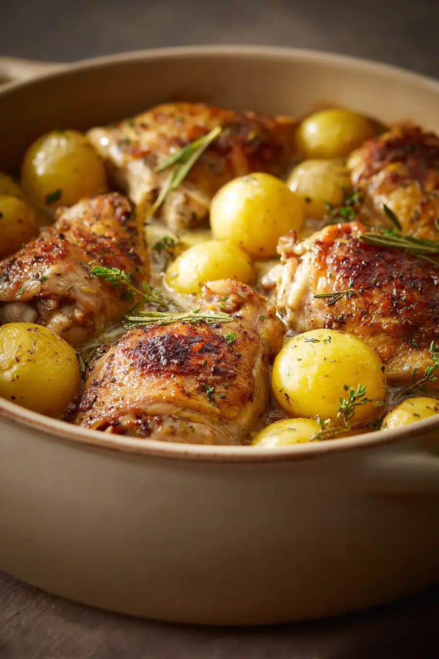 Close-up of a creamy one-pot buttermilk chicken and potatoes casserole with herbs.