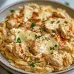 Close-up of one pot chicken orzo boursin with creamy sauce and herbs