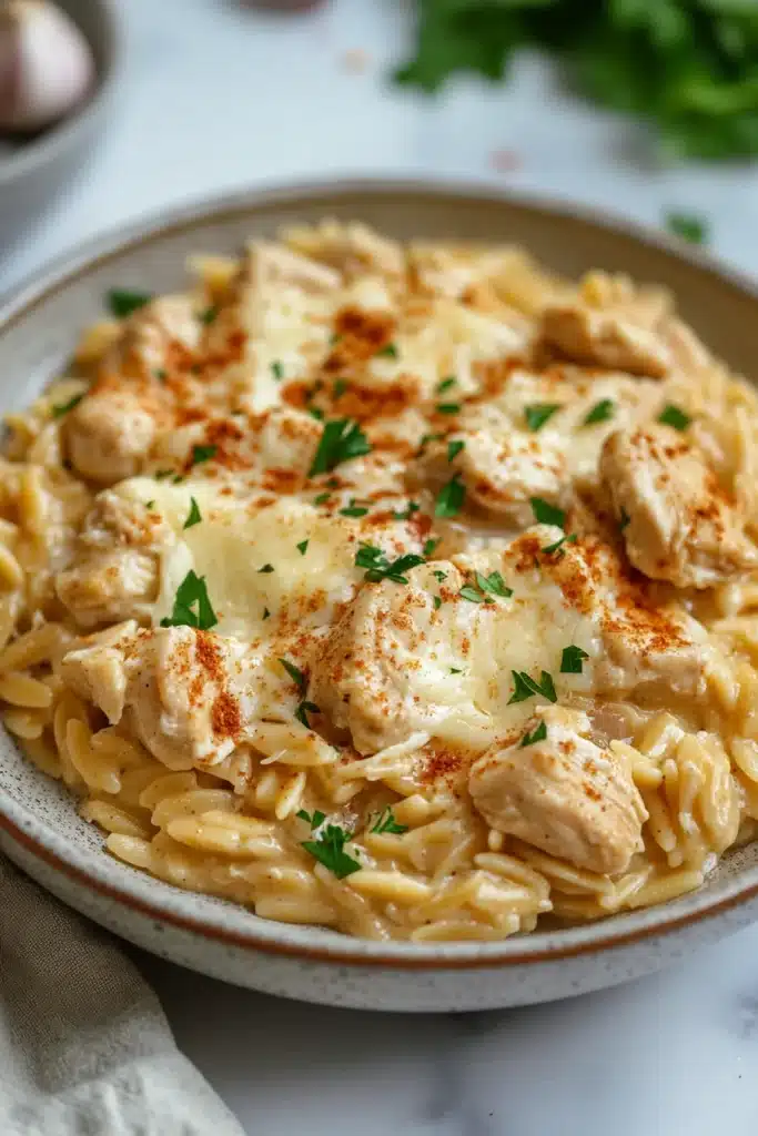Close-up of one pot chicken orzo boursin with creamy sauce and herbs